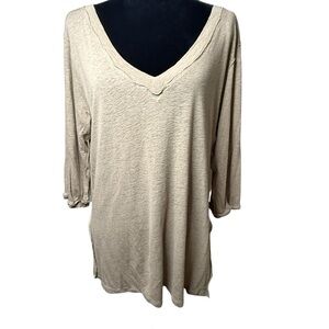 Umgee | Light Tan Linen Blend V-Neck Tunic | Sz L
